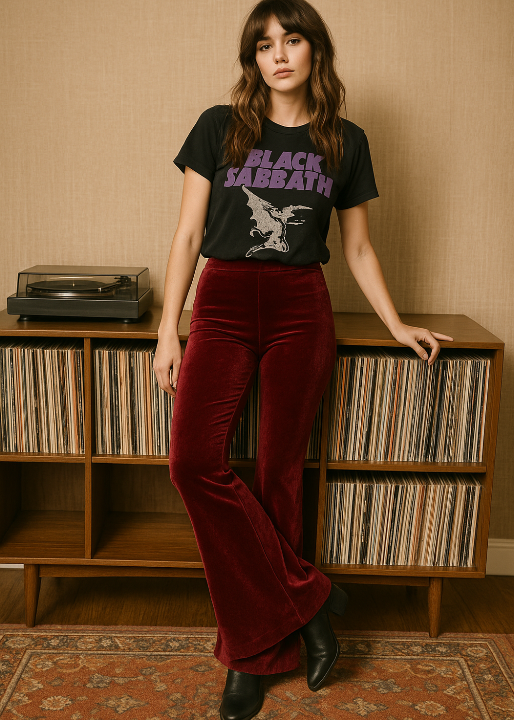 Burgundy Red Velvet Bell Bottom Flare Pants