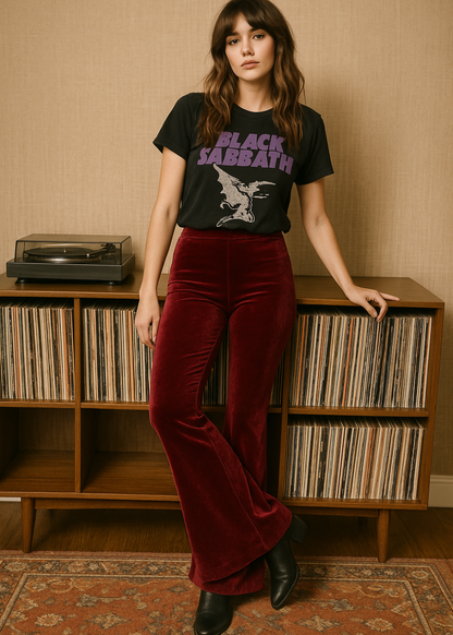 Burgundy Red Velvet Bell Bottom Flare Pants