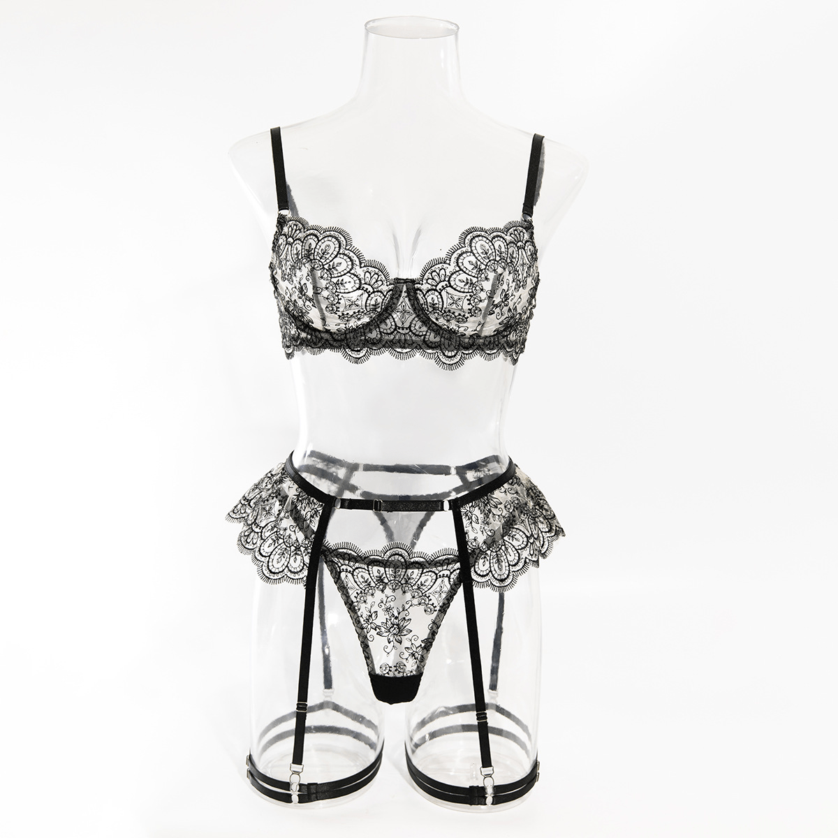 Carmen Lace Lingerie 4 Piece Set Black - Unspoken Fashion