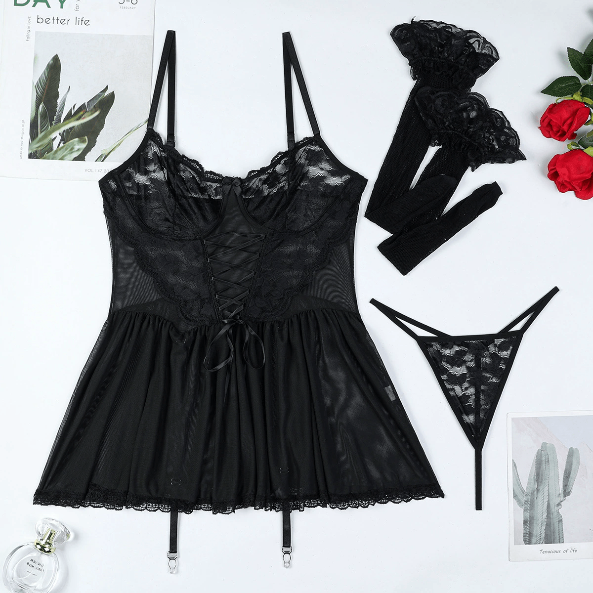 Celeste Black Babydoll 3 Piece Lingerie Set - Unspoken Fashion