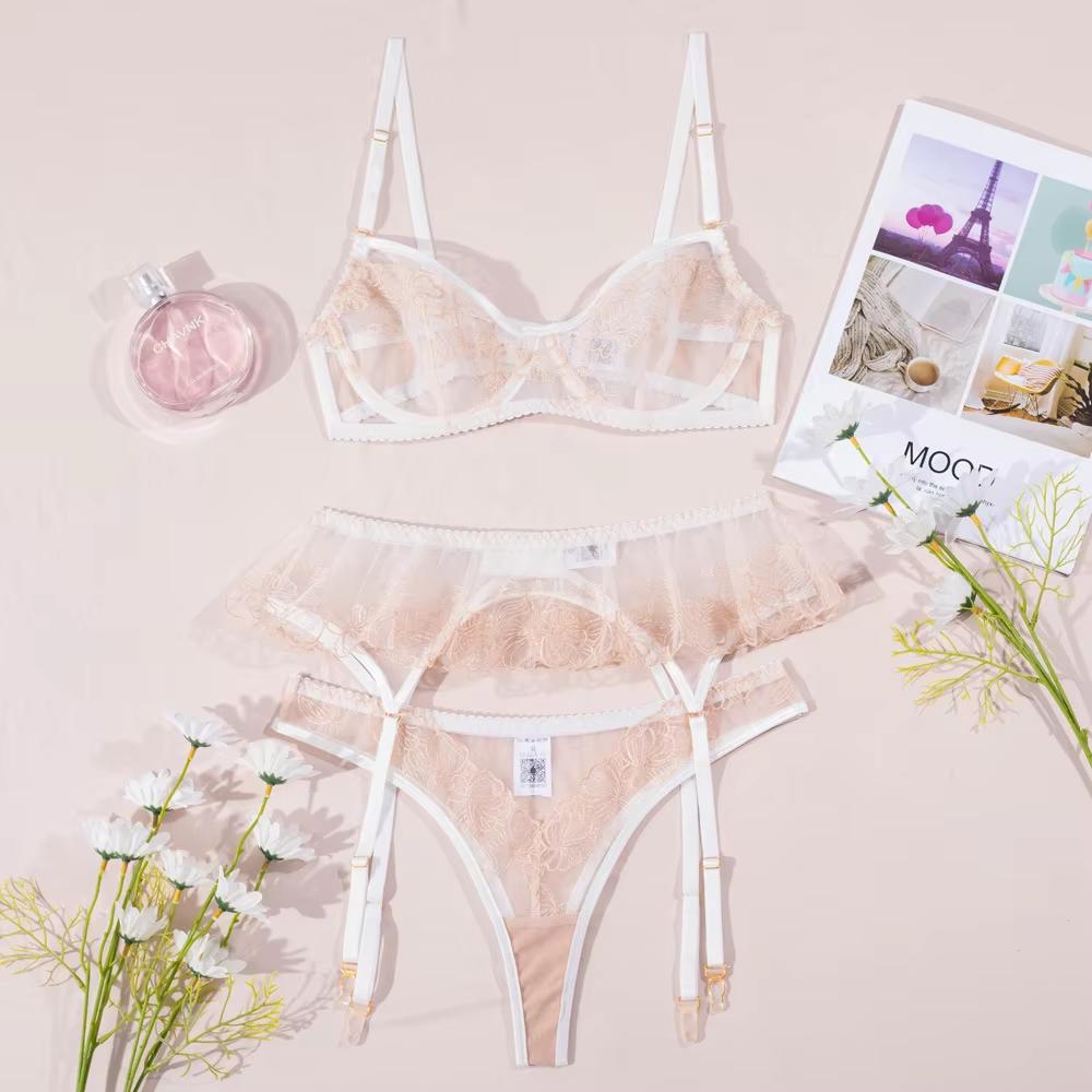 Champagne Petal Sheer Lace 3 Piece Lingerie Set - Unspoken Fashion