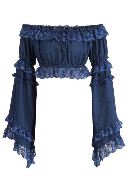 Dark Blue Denim Smocked Flare Sleeve Peasant Top.