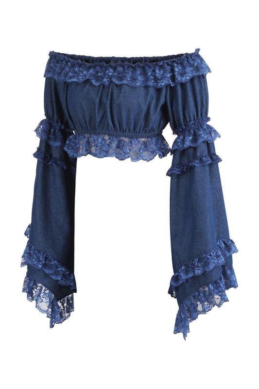 Dark Blue Denim Smocked Flare Sleeve Peasant Top.