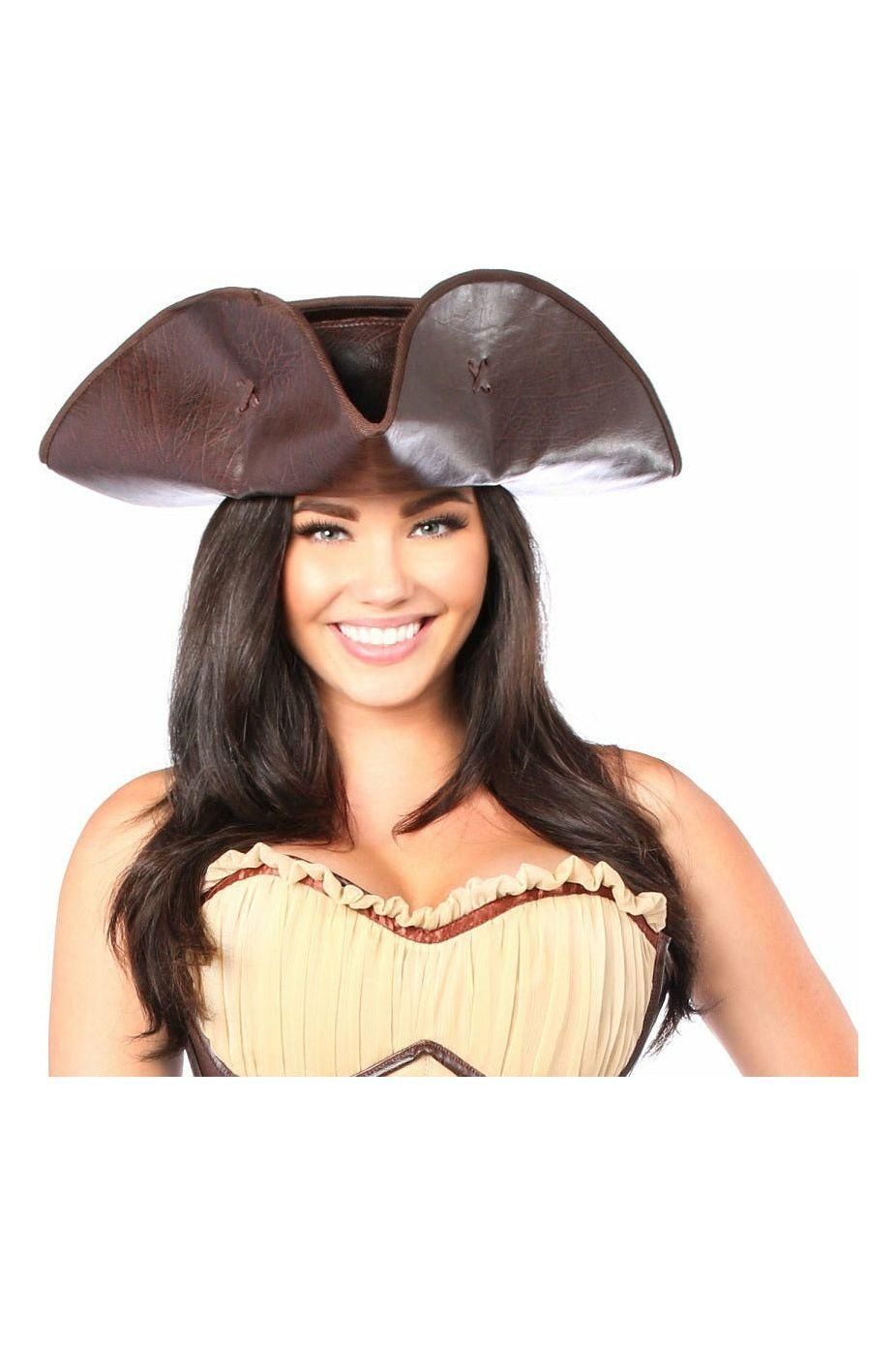Dark Brown Distressed Faux Leather Pirate Hat - Costume Accessory