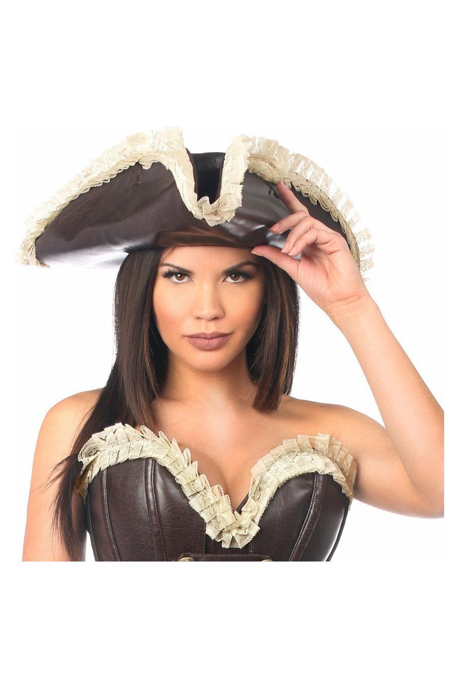 Dark Brown Distressed Faux Leather w/Cream Lace Pirate Hat - Costume Accessory