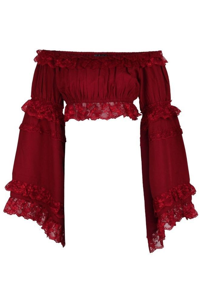 Dark Red Smocked Flare Sleeve Peasant Top