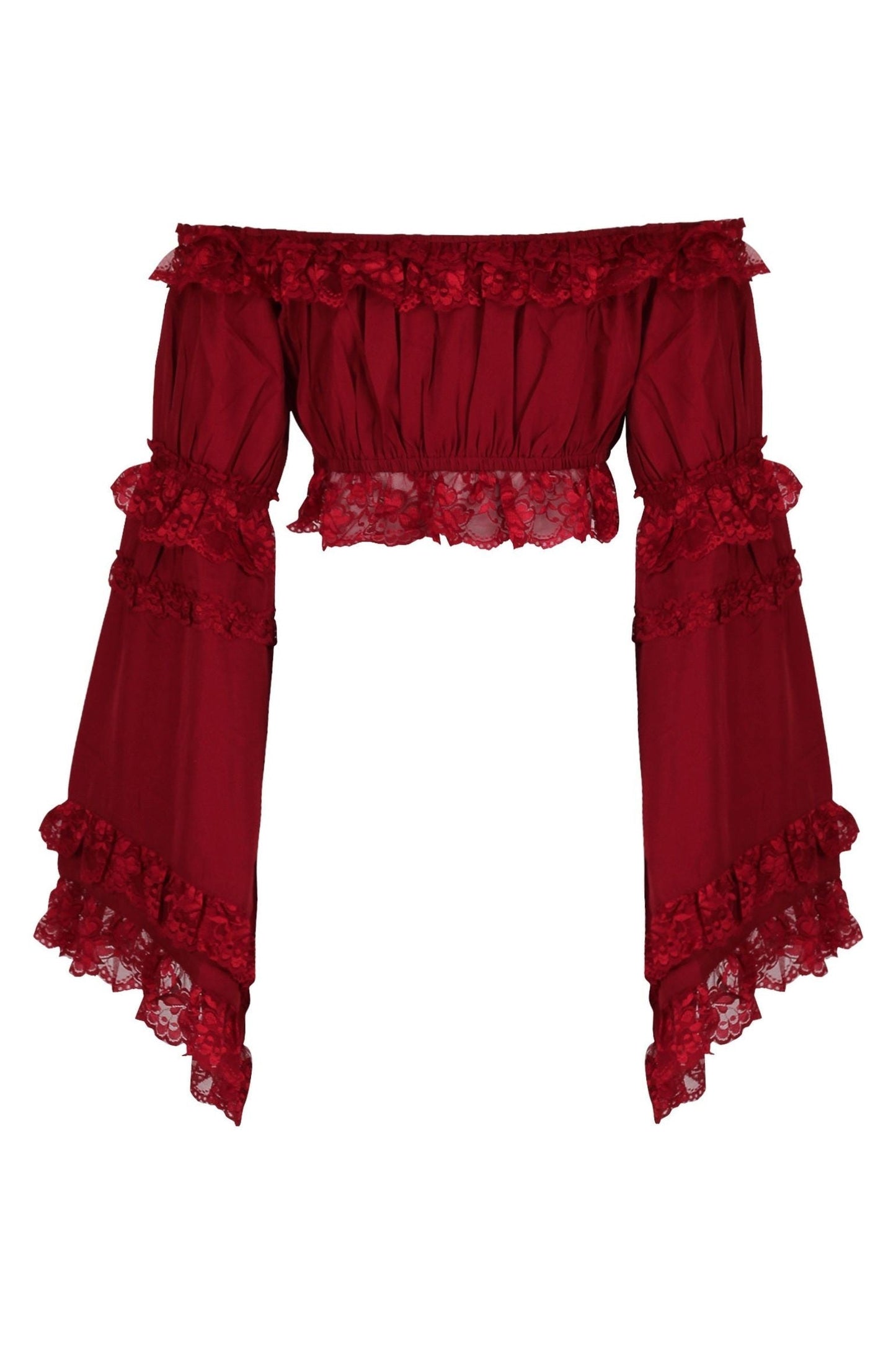 Dark Red Smocked Flare Sleeve Peasant Top.