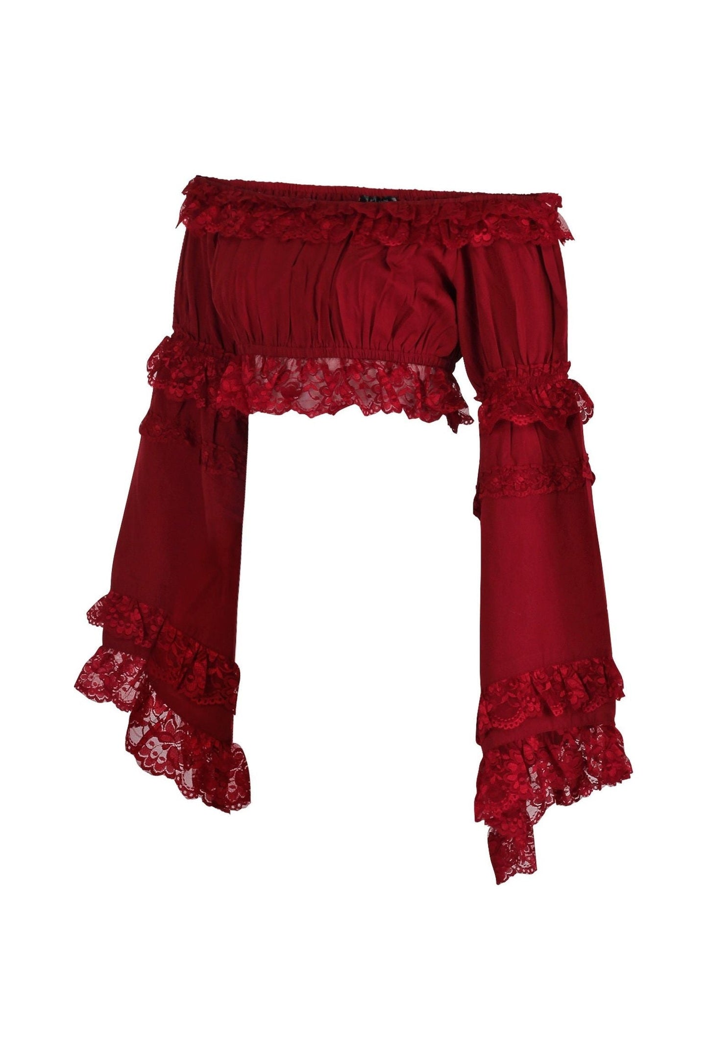 Dark Red Smocked Flare Sleeve Peasant Top.