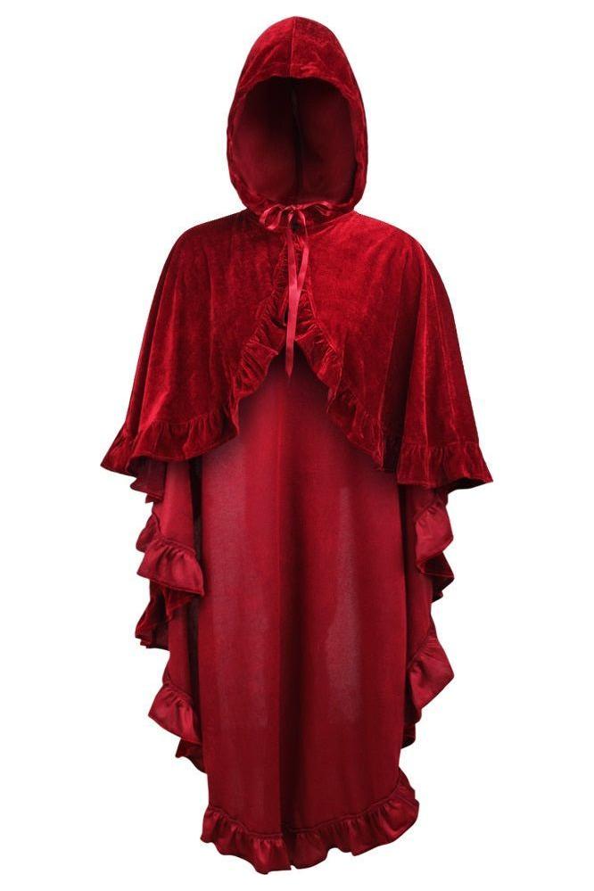 Dark Red Velvet Hooded Ruffle Cape.