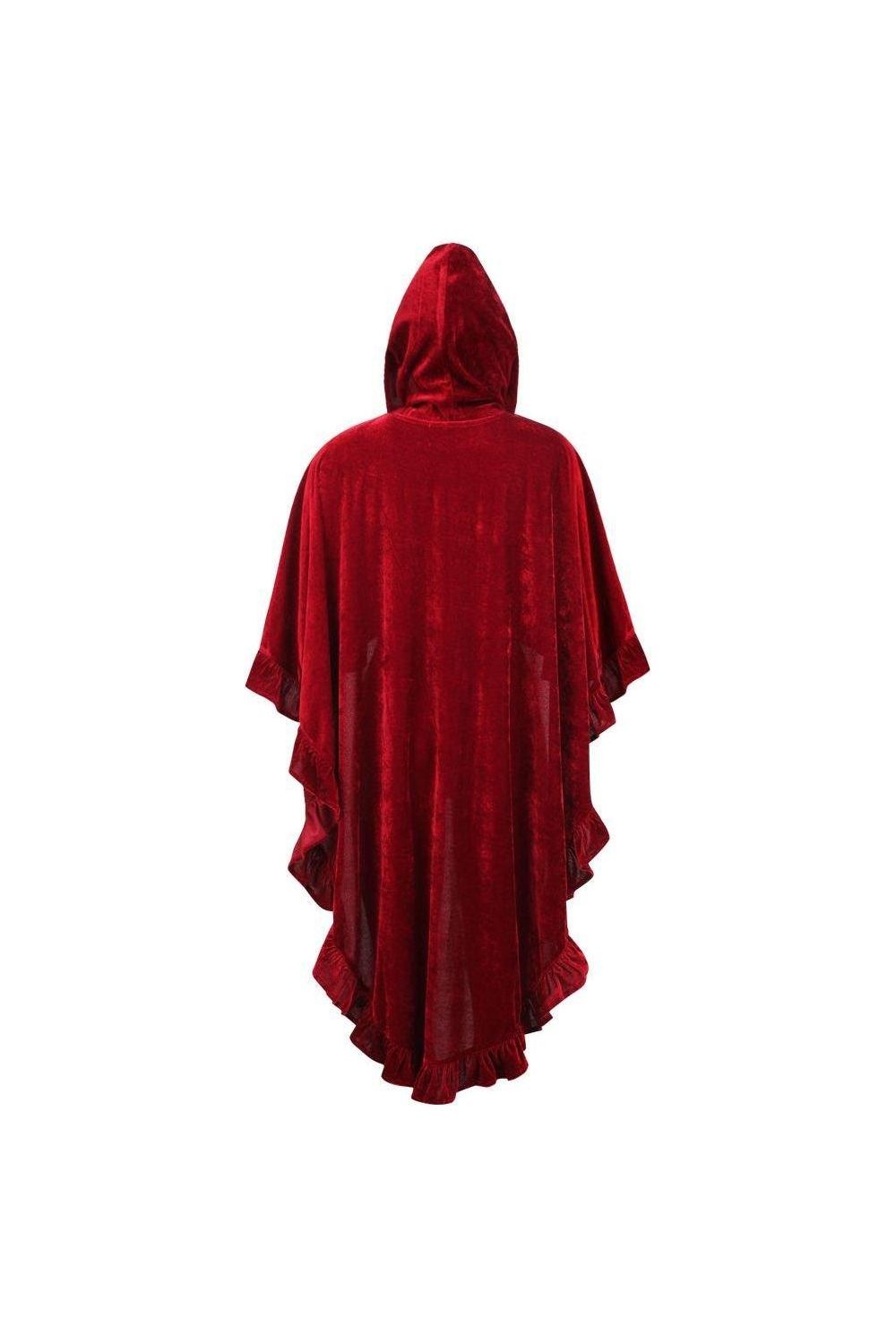 Dark Red Velvet Hooded Ruffle Cape.