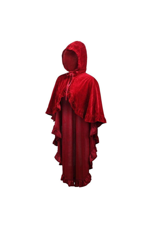 Dark Red Velvet Hooded Ruffle Cape.