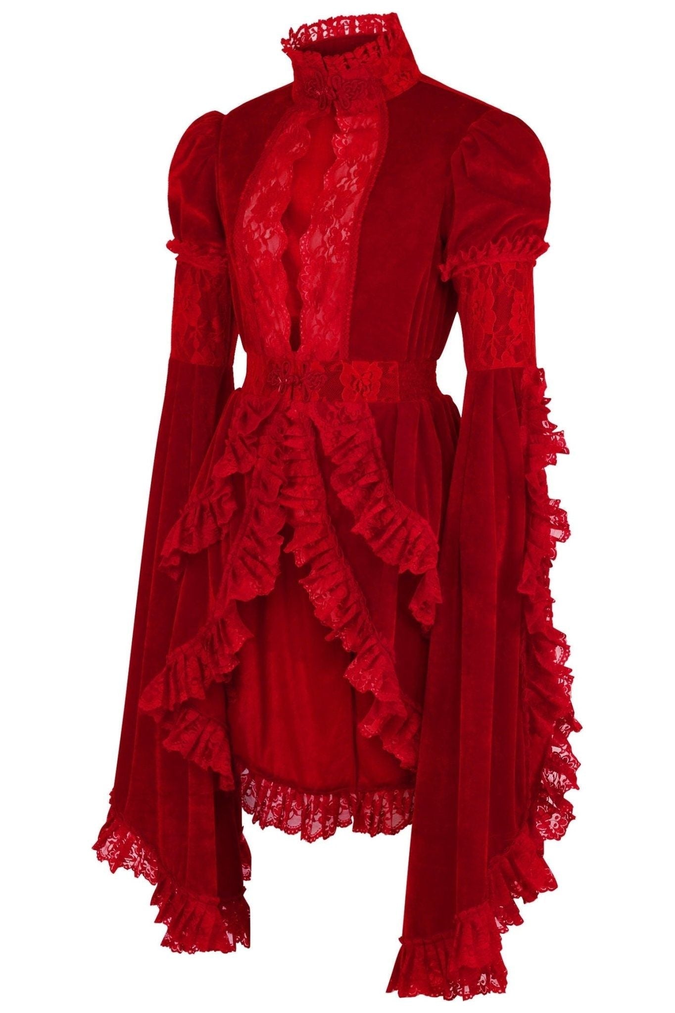 Dark Red Velvet & Lace Ruffled Jacket.