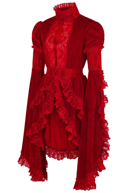 Dark Red Velvet & Lace Ruffled Jacket.