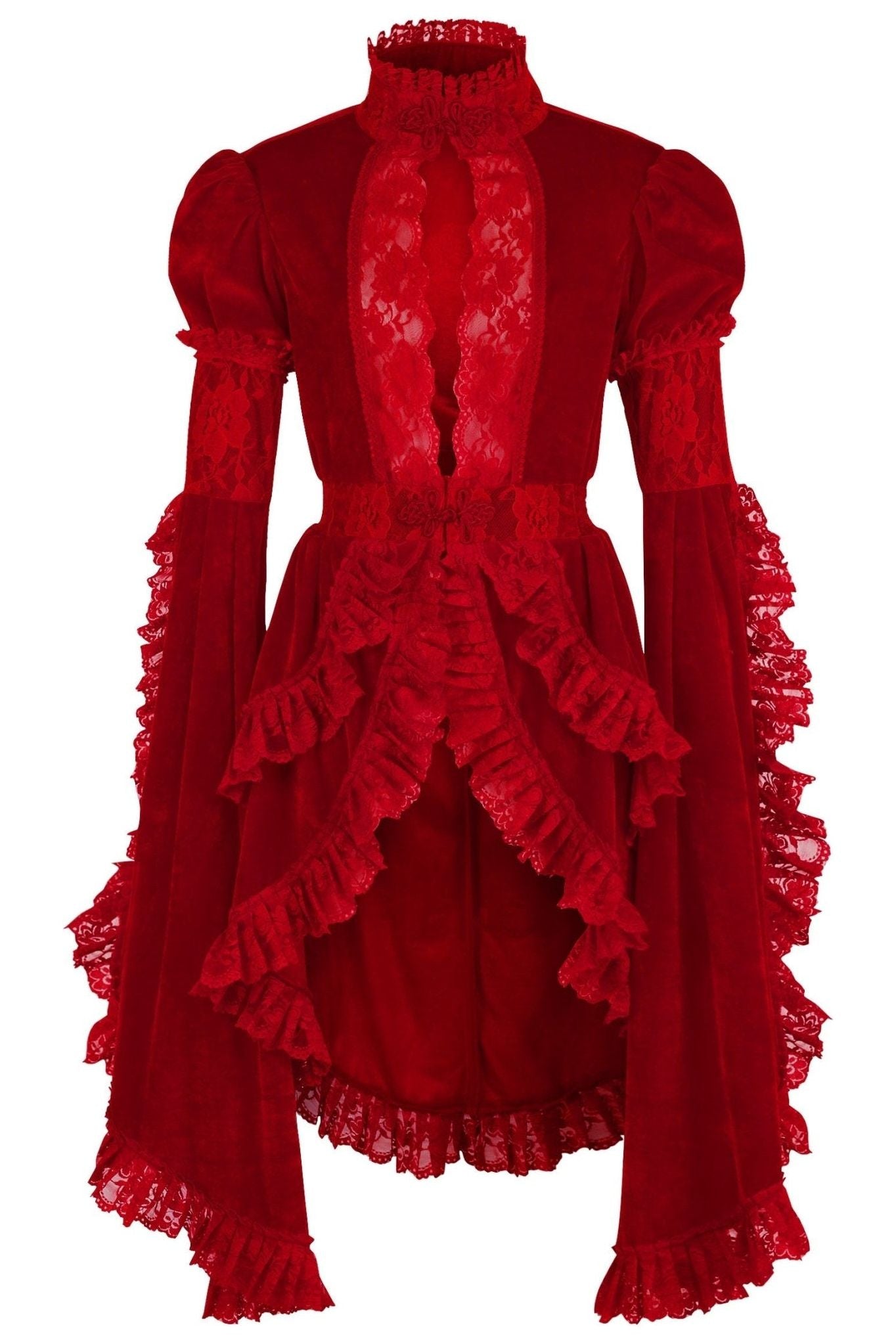 Dark Red Velvet & Lace Ruffled Jacket.