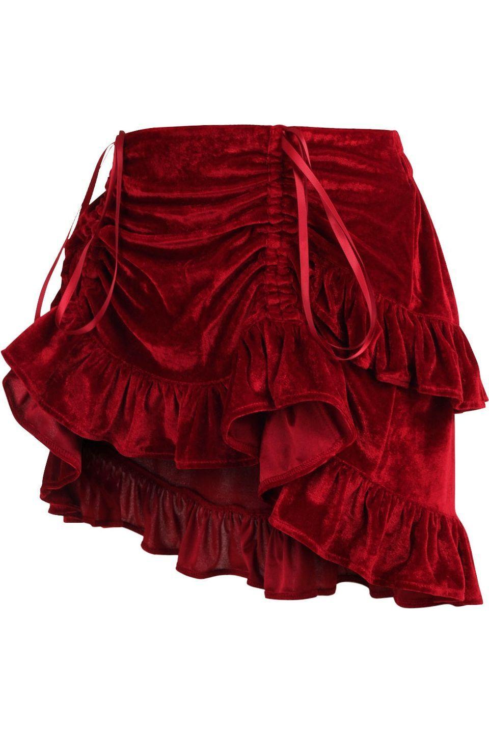Dark Red Velvet Ruched Bustle Skirt.