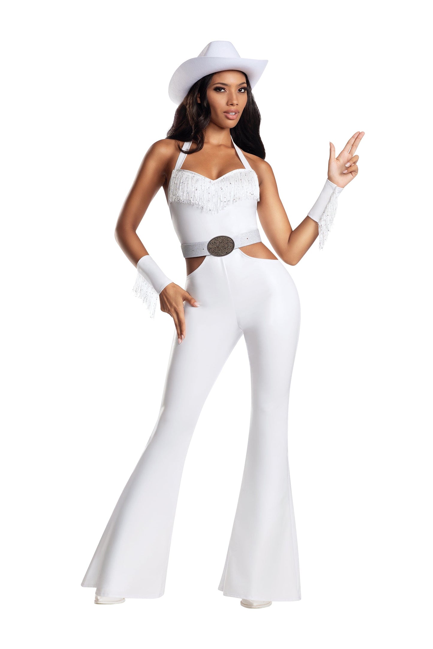 Dreamgirl Buckle Bunny Coated Halter Top Flare Jumpsuit Women’s Costume – Retro Bunny Outfit