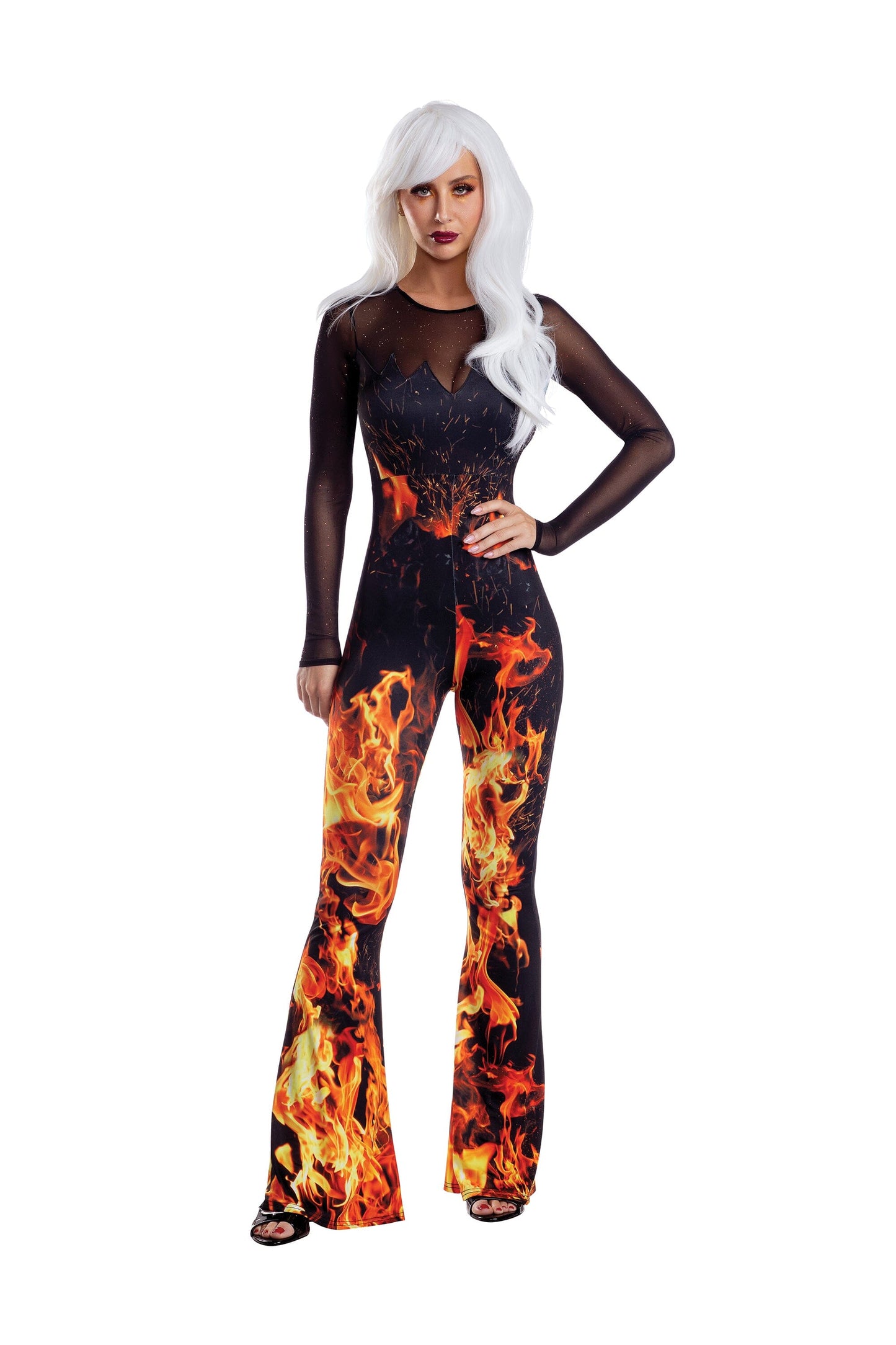 Dreamgirl Flame Jumpsuit with Mesh Neckline Women’s Costume – Fiery Halloween Outfit