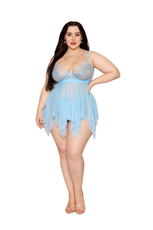 Dreamgirl Plus Size Artic Blue Mesh Lace Babydoll & G-String