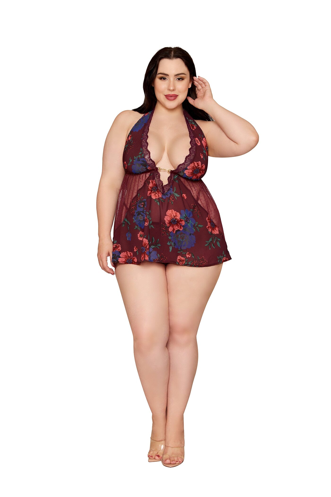 Dreamgirl Plus Size Floral Cherry Lacquer Babydoll & G-String