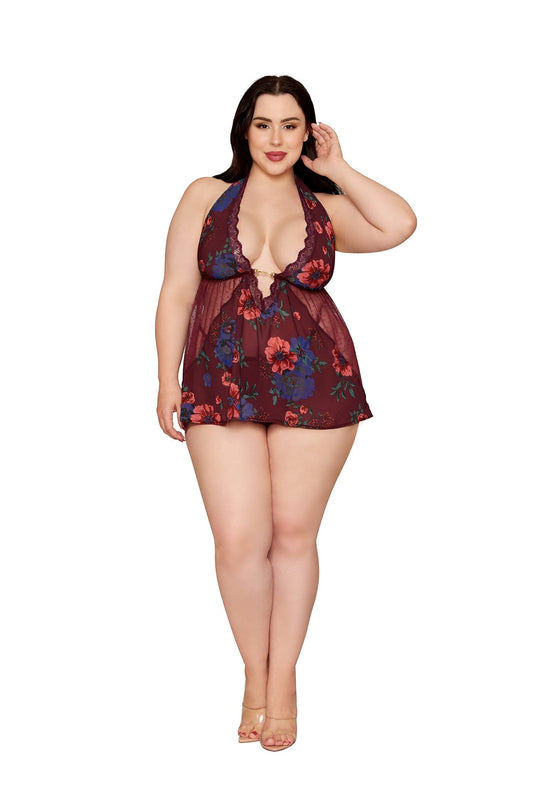 Dreamgirl Plus Size Floral Cherry Lacquer Babydoll & G-String