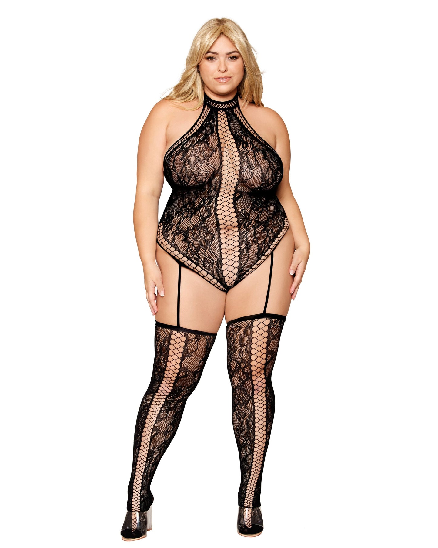 Dreamgirl Plus Size Lace Teddy Bodystocking with Thigh High Stockings