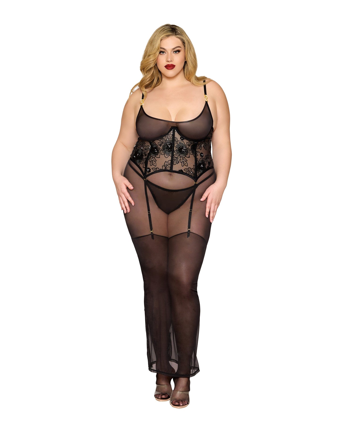 Dreamgirl Plus Size Midi Garter Chemise & G-String