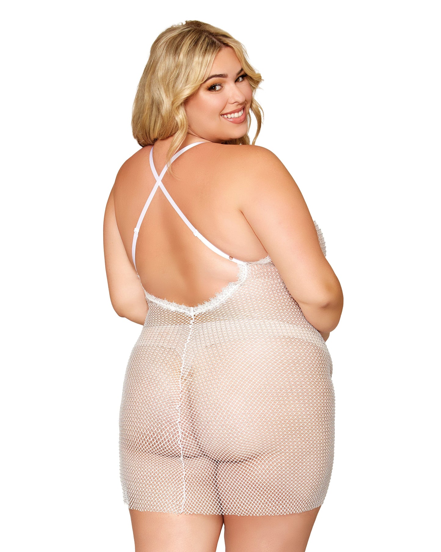 Dreamgirl Plus Size Rhinestone Embellished Fishnet Chemise witth Eyelash Lace Trim