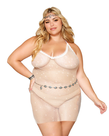 Dreamgirl Plus Size Rhinestone Embellished Fishnet Chemise witth Eyelash Lace Trim