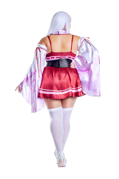 Dreamgirl Plus Size Sakura Shrine Maiden Satin Circle Skirt Dress with Bow Detail Women’s Costume – Japanese-Inspired Outfit