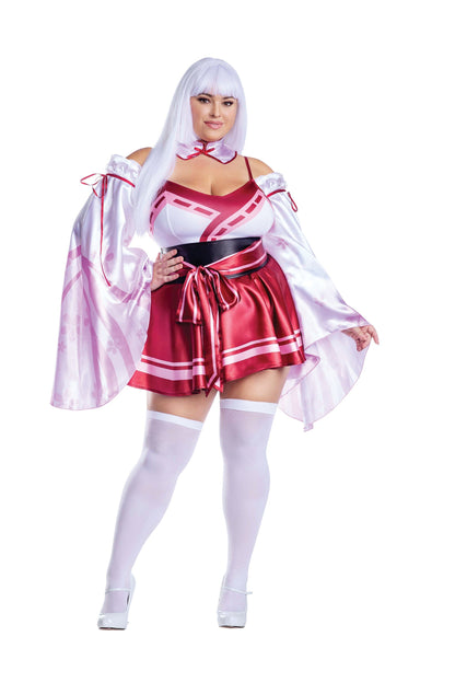 Dreamgirl Plus Size Sakura Shrine Maiden Satin Circle Skirt Dress with Bow Detail Women’s Costume – Japanese-Inspired Outfit