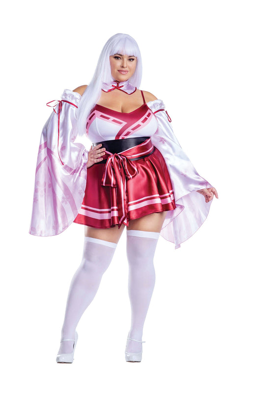 Dreamgirl Plus Size Sakura Shrine Maiden Satin Circle Skirt Dress with Bow Detail Women’s Costume – Japanese-Inspired Outfit