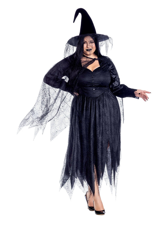 Dreamgirl Plus Size Scary Witch Velvet & Lace Dress with Hat & Cape Women’s Costume – Halloween Witch Outfit