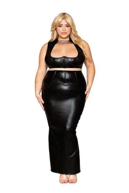Dreamgirl Plus Size Stretch Faux-Leather and Eyelash Lace Bra and Garter Panty Set