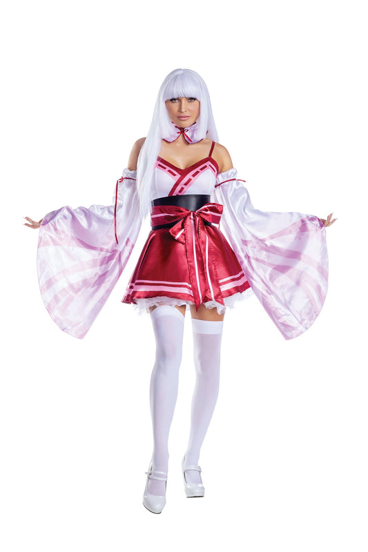 Dreamgirl Sakura Shrine Maiden Satin Circle Skirt Dress with Bow Detail Women’s Costume – Japanese-Inspired Outfit