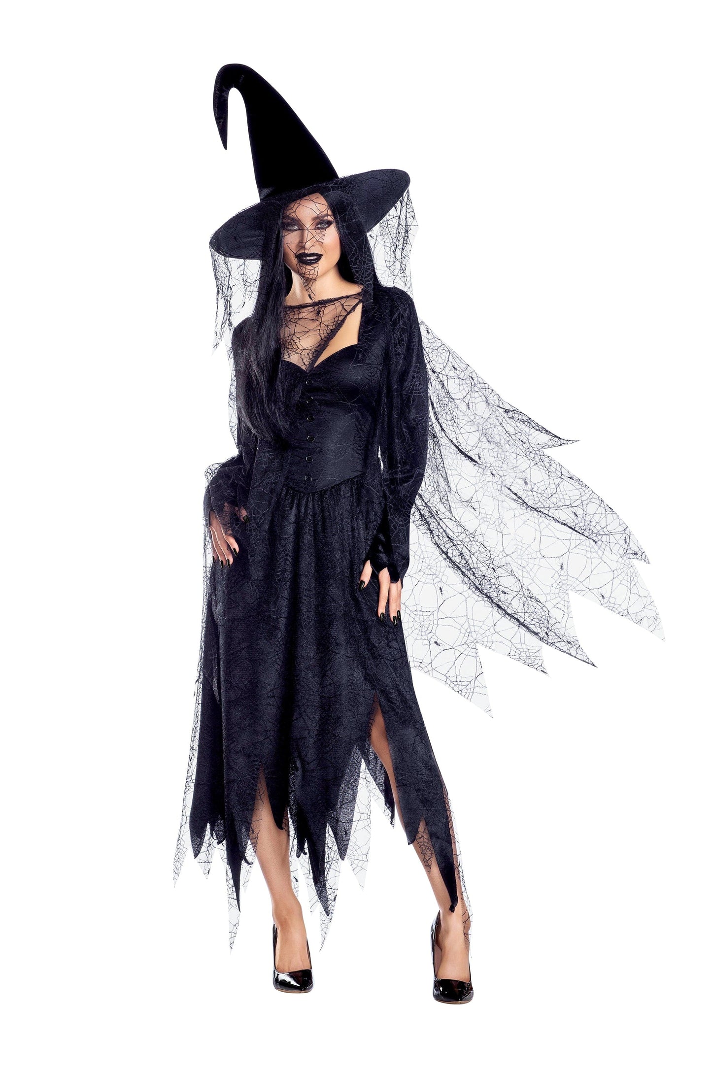 Dreamgirl Scary Witch Velvet & Lace Dress with Hat & Cape Women’s Costume – Halloween Witch Outfit