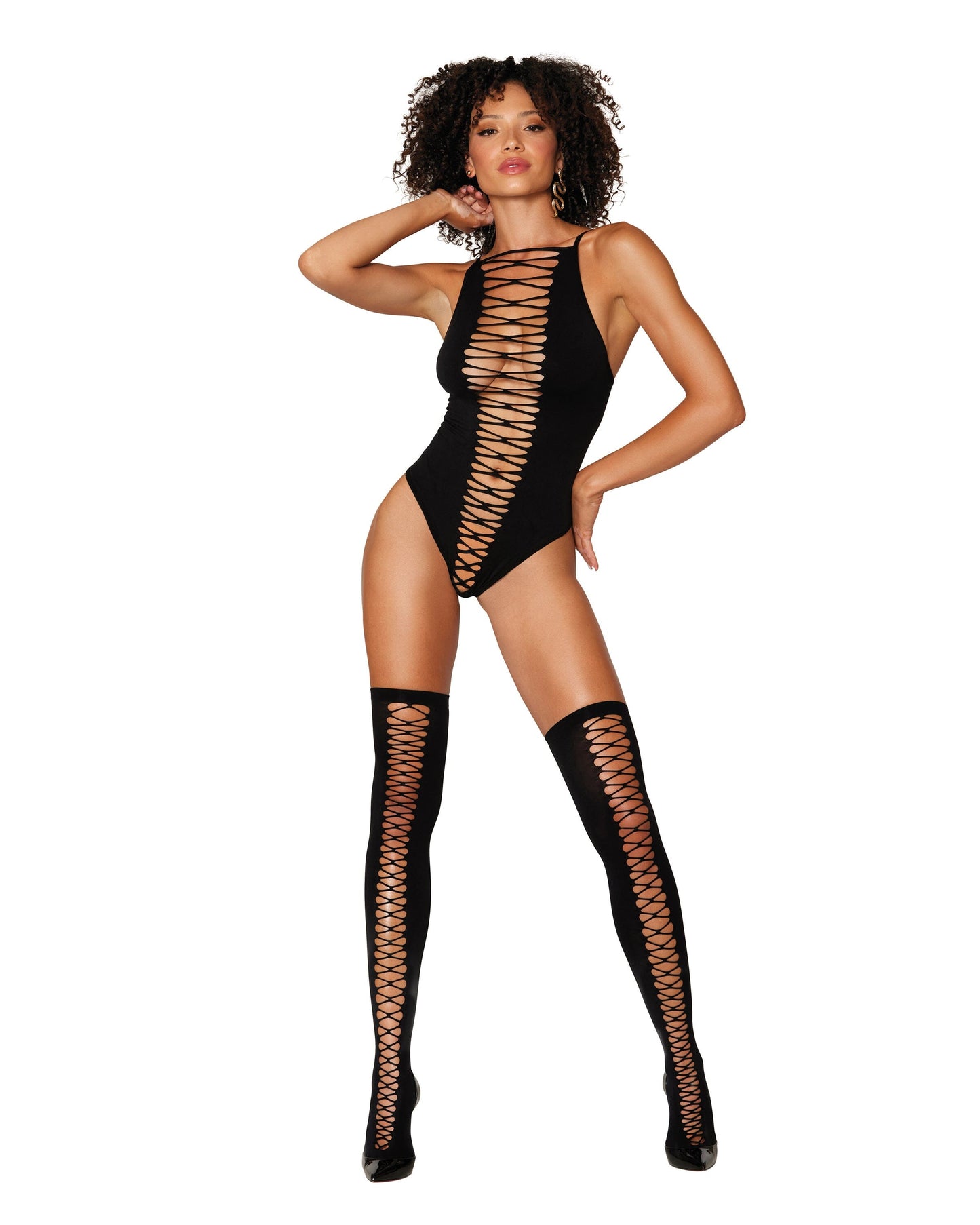 Dreamgirl Women's Opaque Seamless Criss-Cross Teddy and Matching Stockings Set