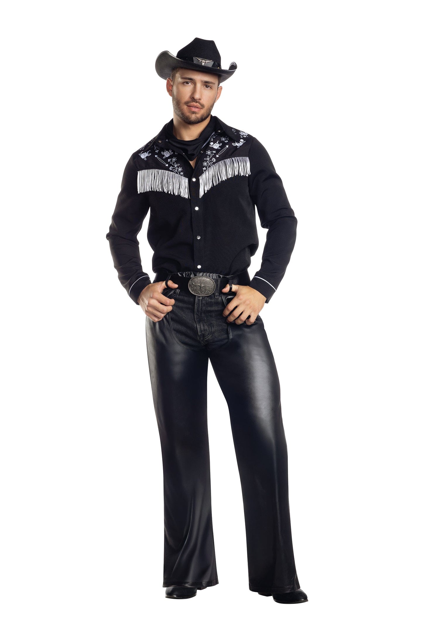 Dreamguy Cowboy Jim Fringe Shirt with Chaps & Western Style Buckle – Men’s Western Costume