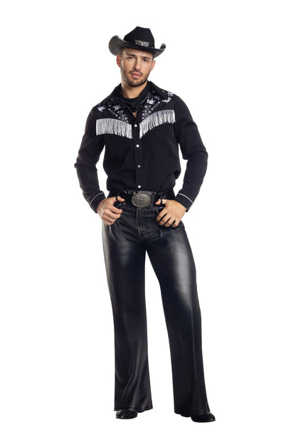 Dreamguy Cowboy Jim Fringe Shirt with Chaps & Western Style Buckle – Men’s Western Costume