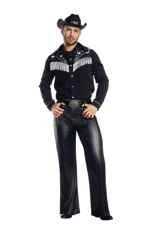 Dreamguy Cowboy Jim Fringe Shirt with Chaps & Western Style Buckle – Men’s Western Costume