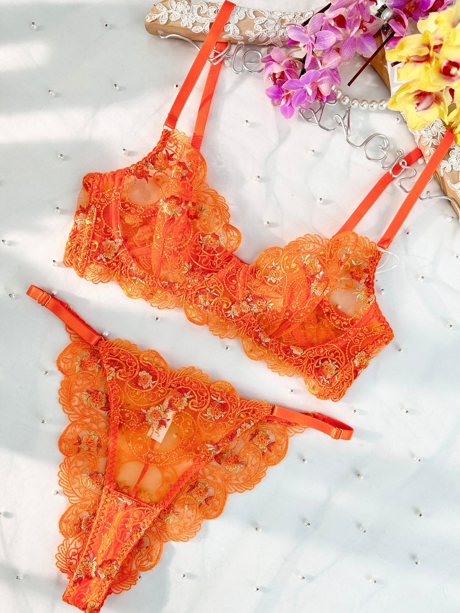 Orange Floral Embroidery Lingerie Set.