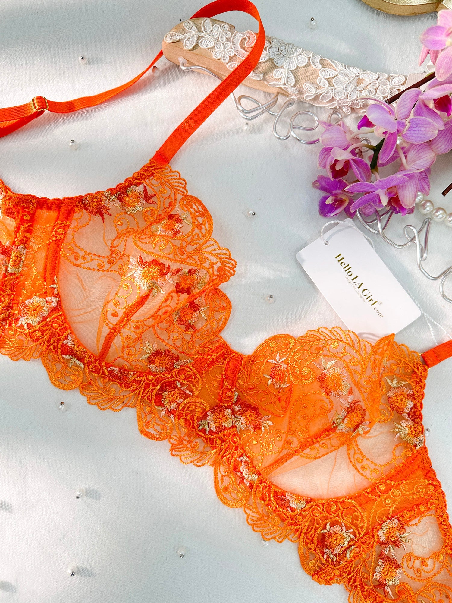 Orange Floral Embroidery Lingerie Set.