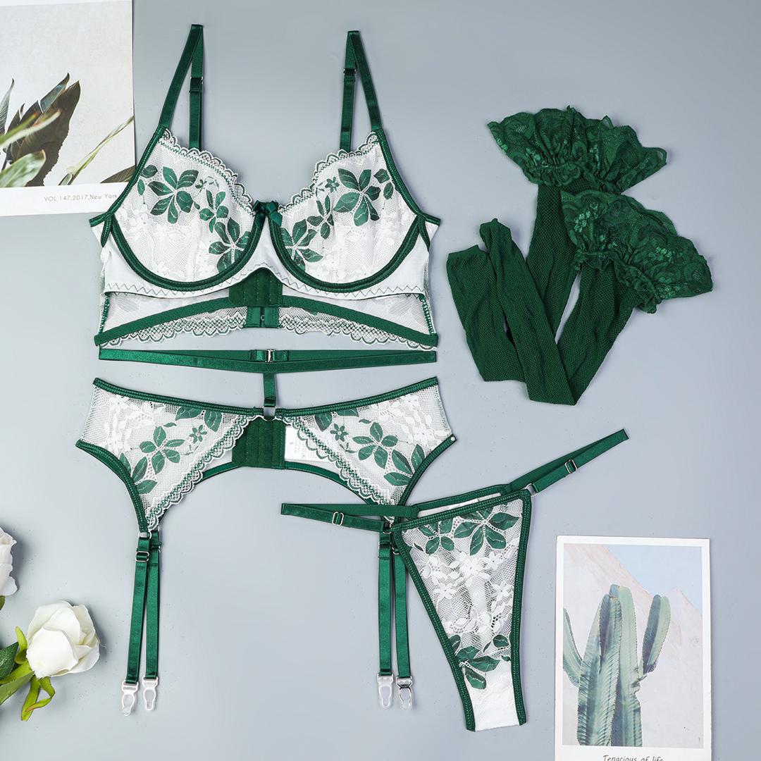 Emerald Bloom Embroidered Lingerie 4 Piece Set - Unspoken Fashion