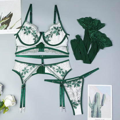 Emerald Bloom Embroidered Lingerie 4 Piece Set - Unspoken Fashion