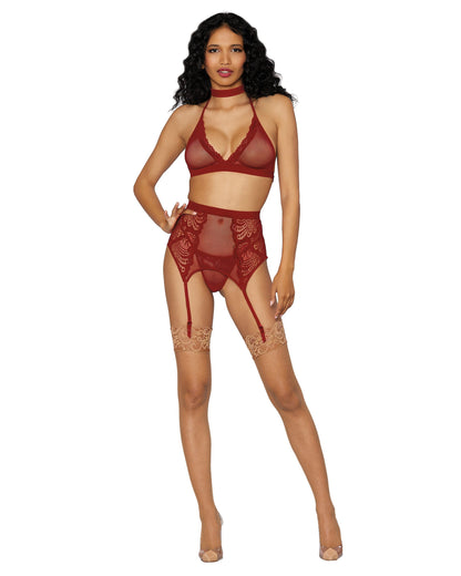 Dreamgirl Fishnet & Lace 4-Piece Halter Bralette & Garter Belt Set with Stretch Velvet Trim Accents