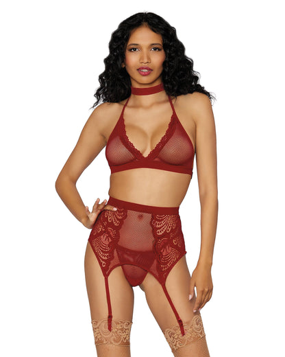 Dreamgirl Fishnet & Lace 4-Piece Halter Bralette & Garter Belt Set with Stretch Velvet Trim Accents