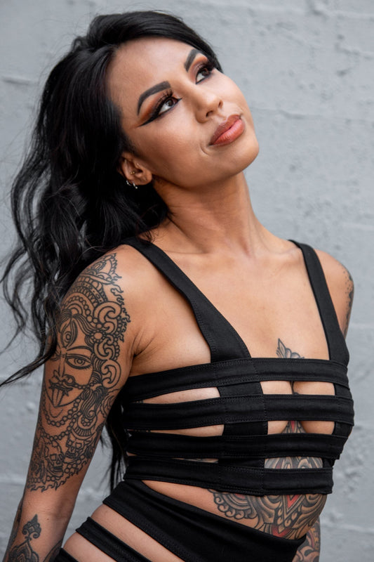 Five and Diamond Cage Bra - black cotton