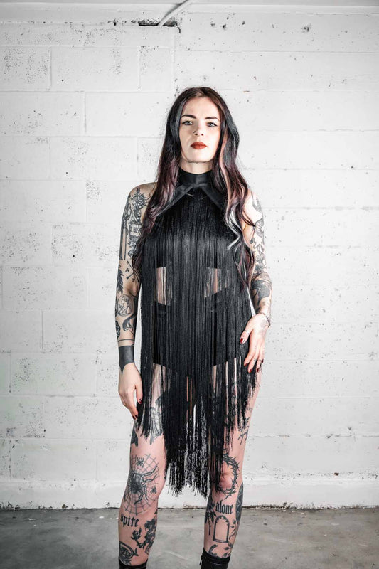 Five and Diamond Fringe Halter Top Dress - black cotton