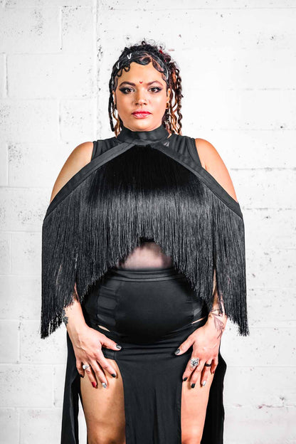 Five and Diamond Fringe Halter Top - black cotton