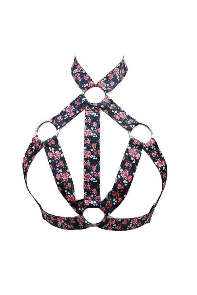 Floral Print Stretchy Body Harness w/Silver Hardware