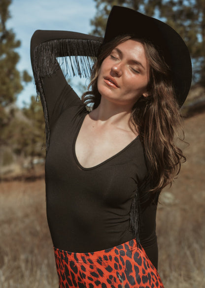 Crazy Little Fringe Black Bodysuit